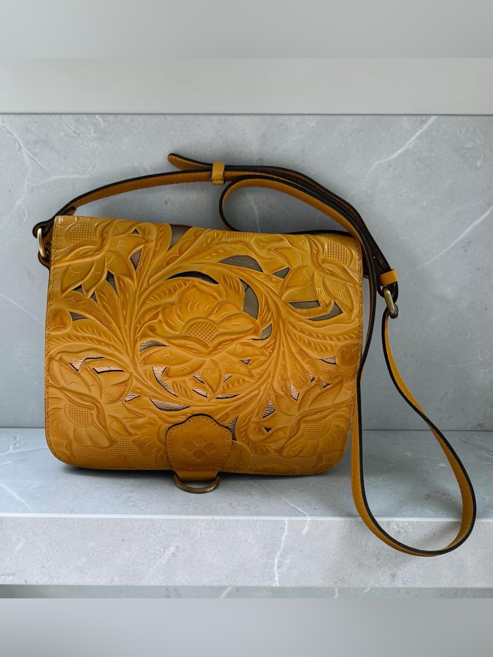 Patricia Nash Golden Yellow Tooled Leather Crossbody Bag